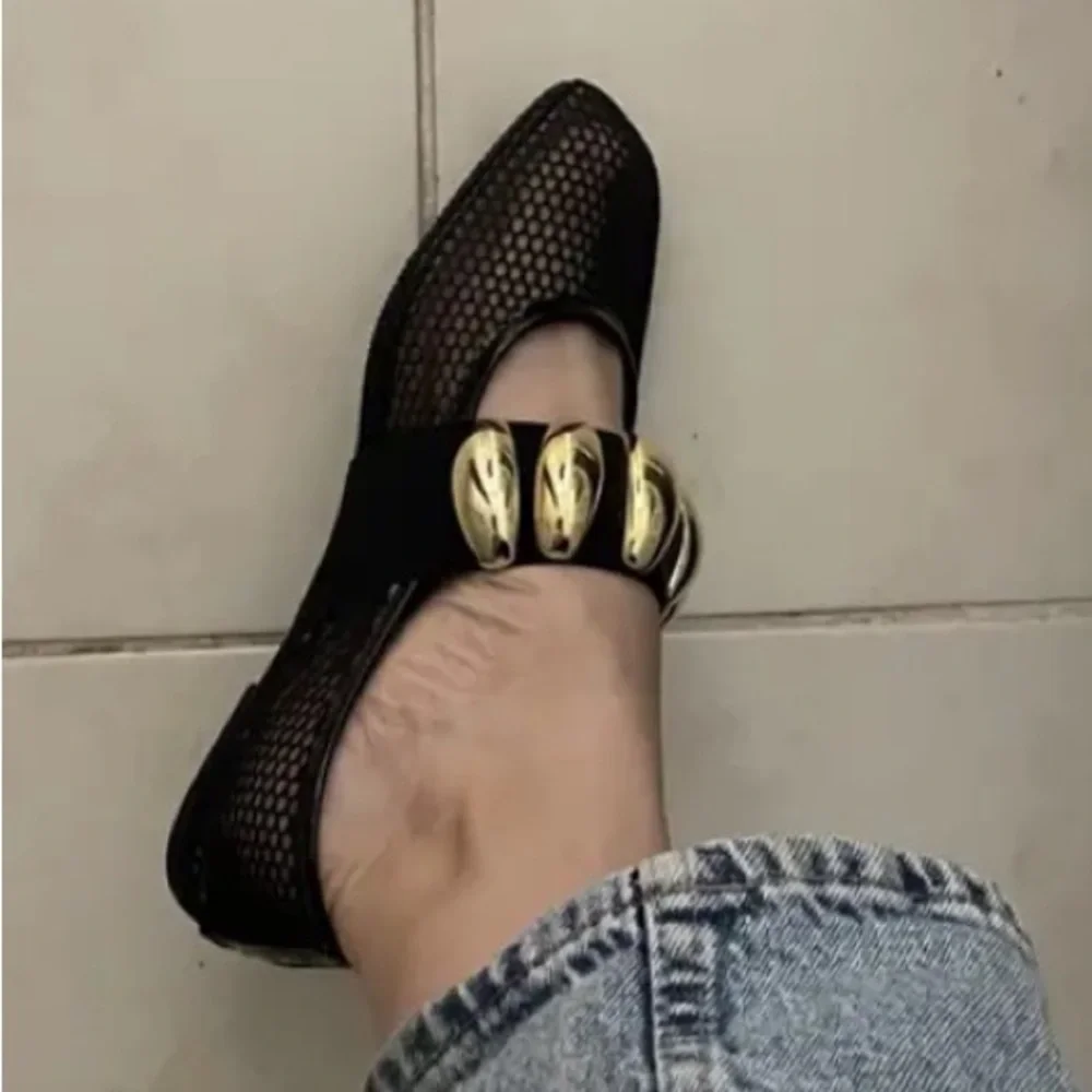 New Fishnet Mesh Ballet Flats Gold Metallic Buckle NWT Black Slip On Square Toe - Picture 6 of 9